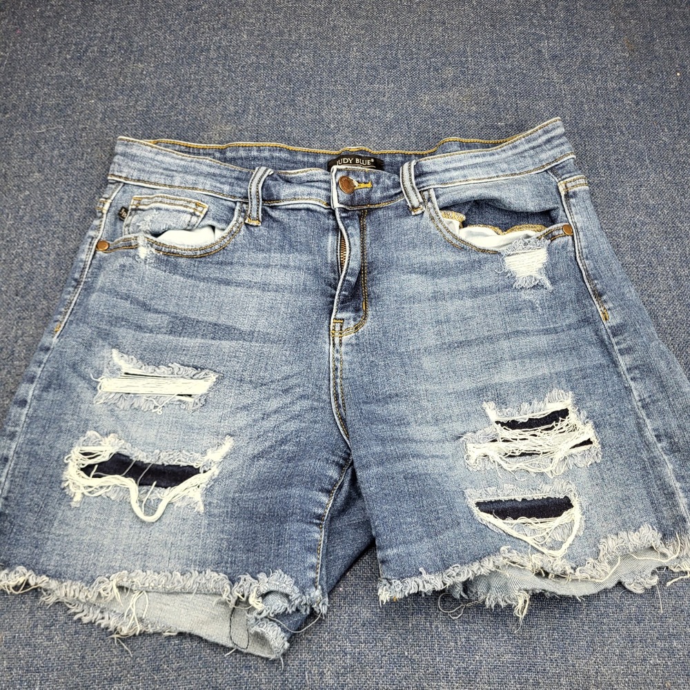 Judy Blue Distressed Denim Shorts Medium Wash High Rise Frayed Hem XL